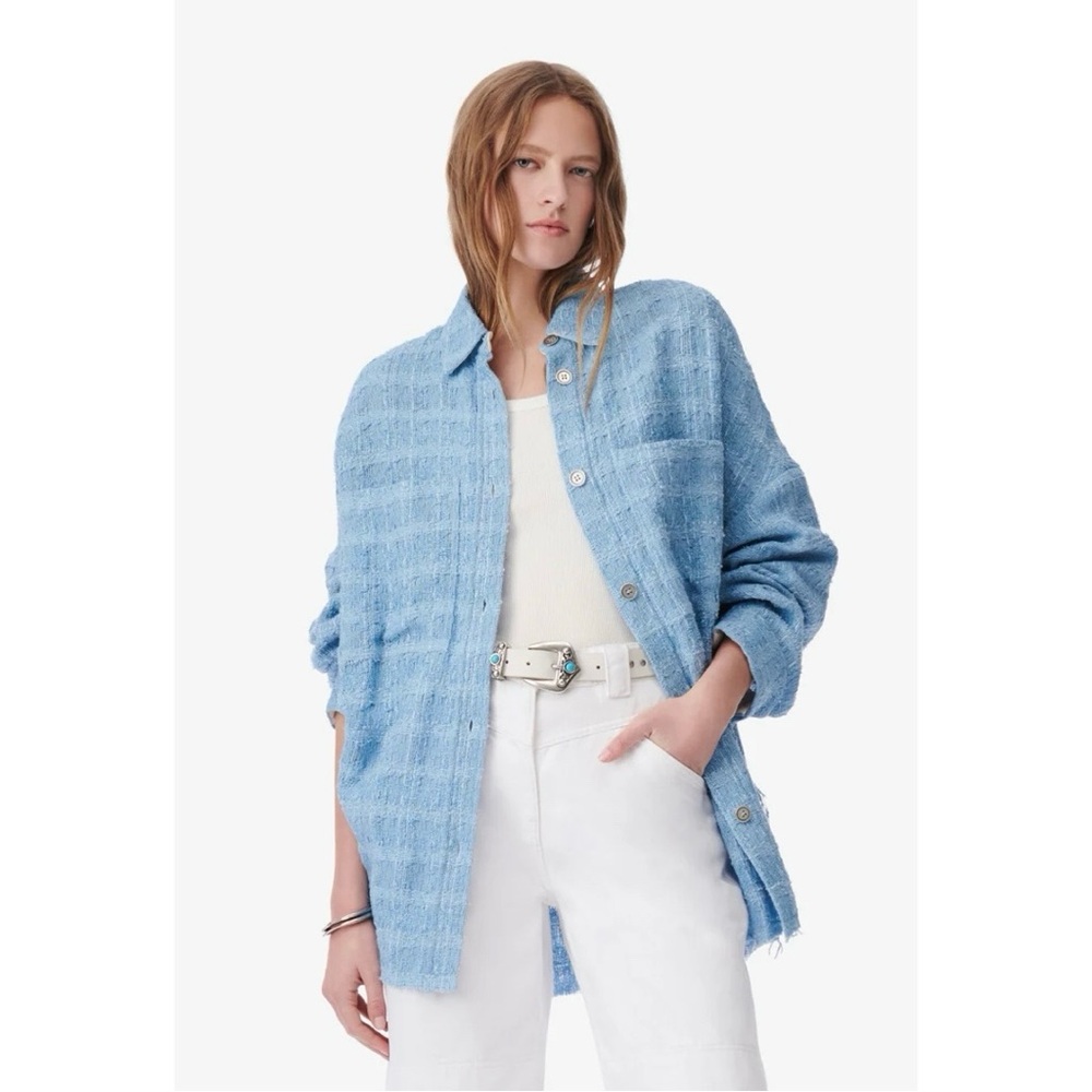 IRO Paris Zennae Tweed Overshirt Shacket Blue Size 36 US 4 Textured Button Front